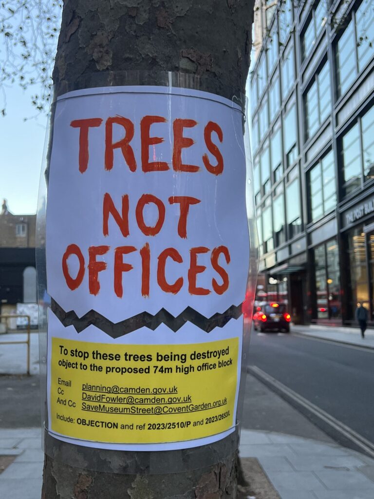 Trees not offices poster on a tree.