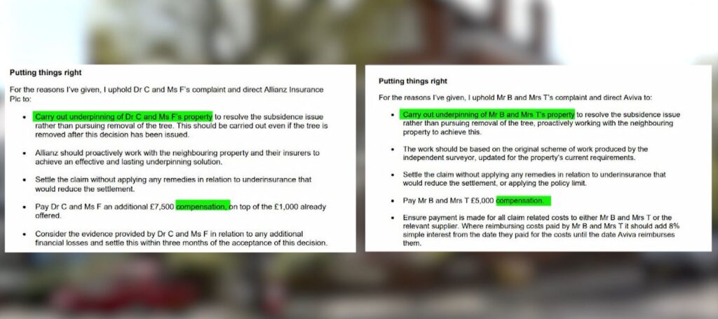 Financial Ombudsman report recommending both properties be compensated for the subsidence issues and should have underpinning carried out. 