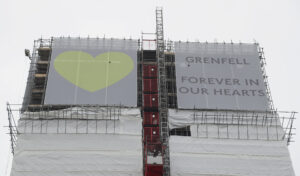 Grenfell Tower covered in scaffolding, after the fire