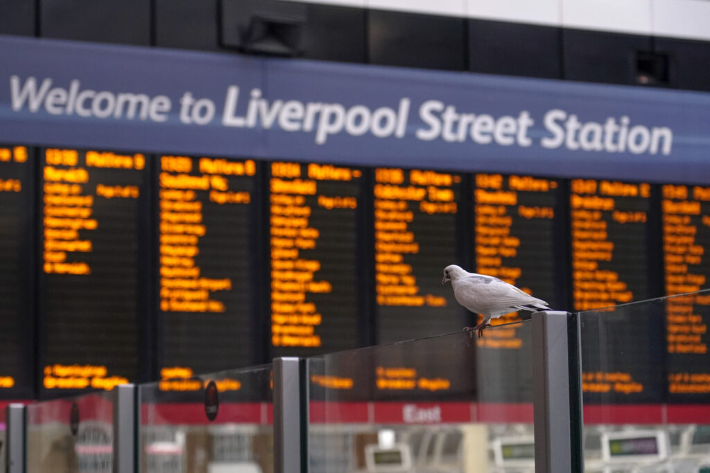 A pigeon stands on a glass barrier at Liverpool Street Station.