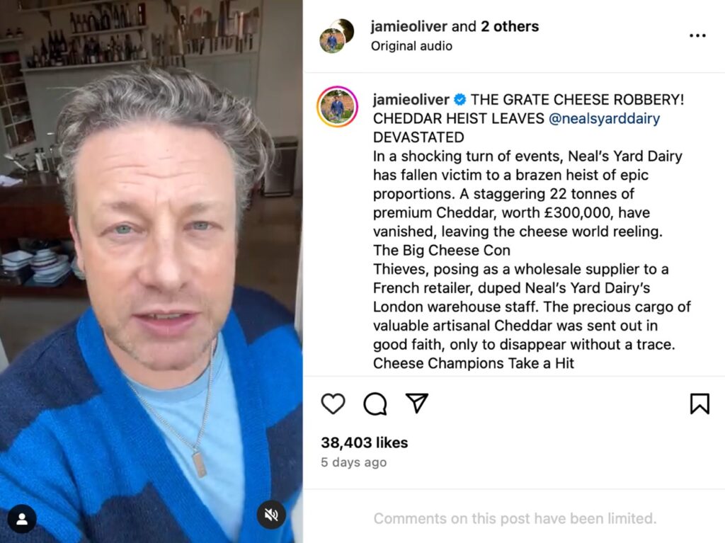 Screenshot of Jamie Oliver's Instagram post about the theft. 