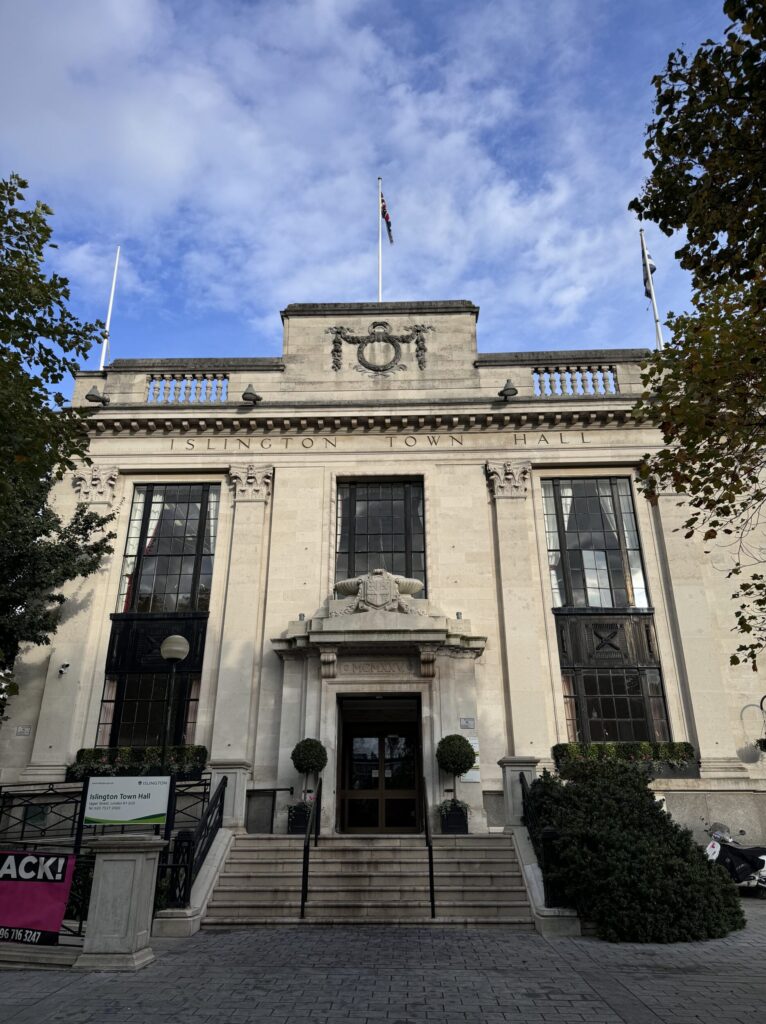 Islington Town Hall building exterior from an angle to see the sky behind