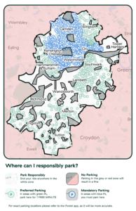 A map of London, with zones showing where Forest Bikes can be ridden.