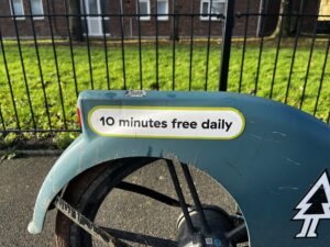 '10 minutes free daily' - a decal on the rear of a Forest bike in south London.