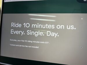 Screenshot of Forest Bike website saying 'ride 10 minutes on us. Every. Single. Day.'