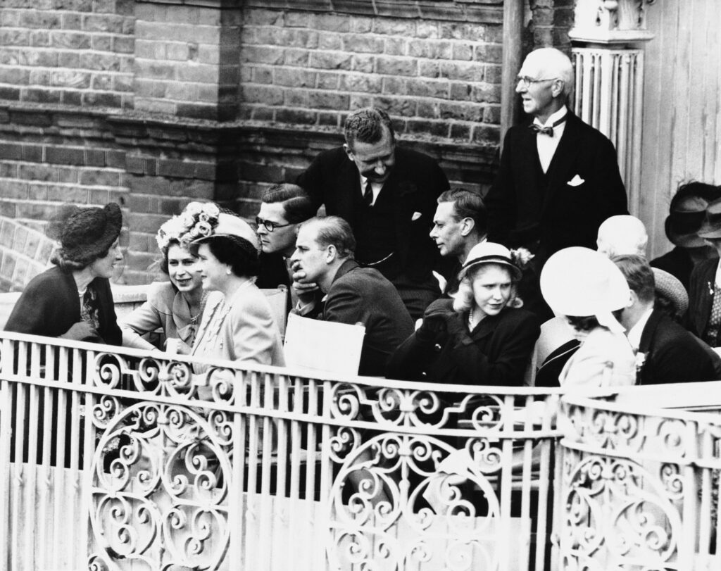 Princess Elizabeth, Lt. Philip Mountbatten and Royal Family watch the annual cricket match between Eton and Harrow Schools on July 11, 1947 at Lord's in London.