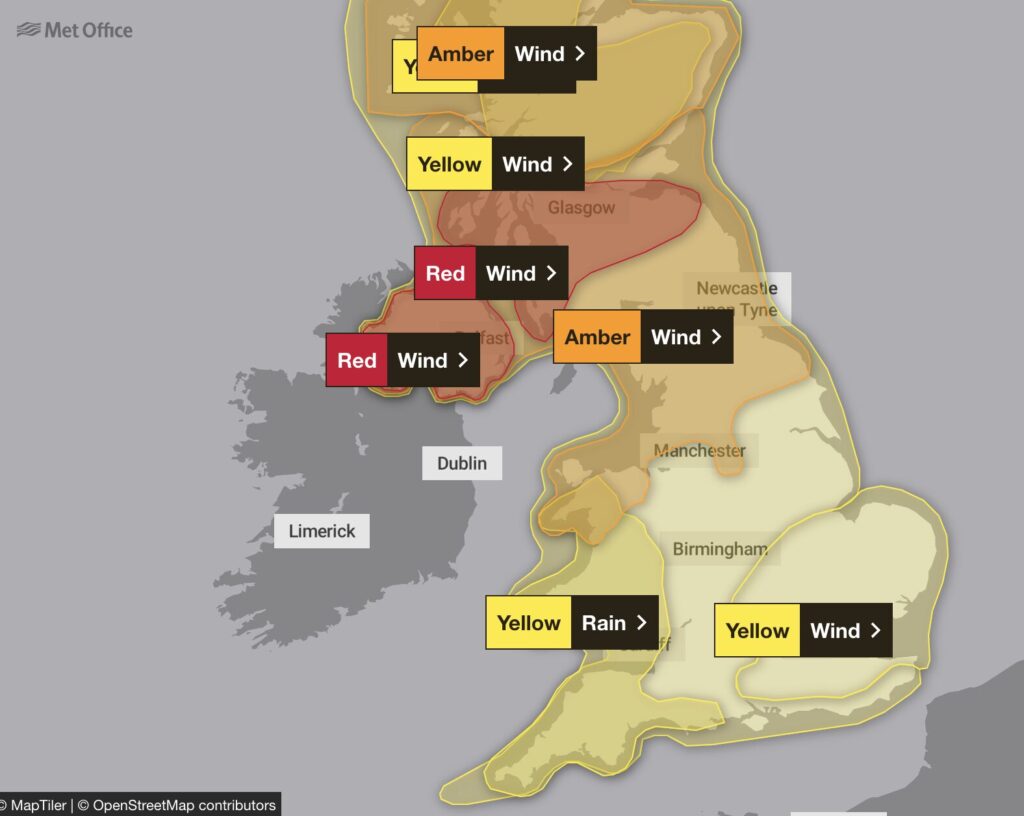 Met Office map showing storm weather warnings for 23-24 Jan 2025