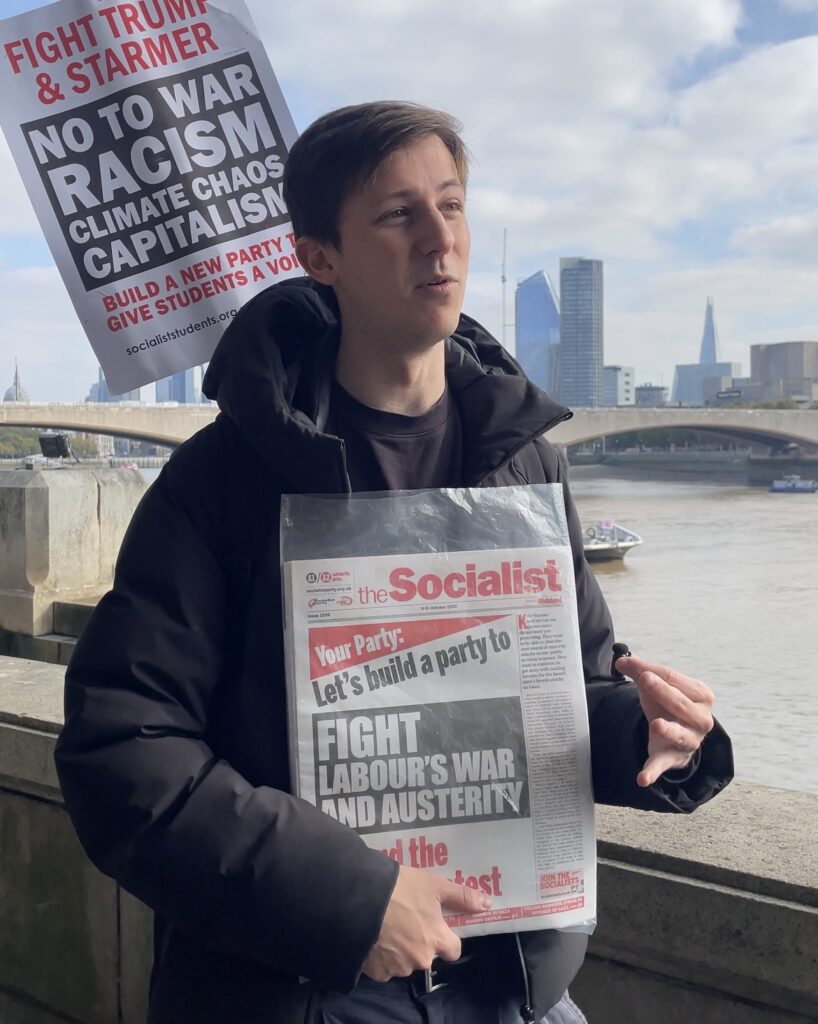 Adam speaking to City news after speaking to students in Socialist Students