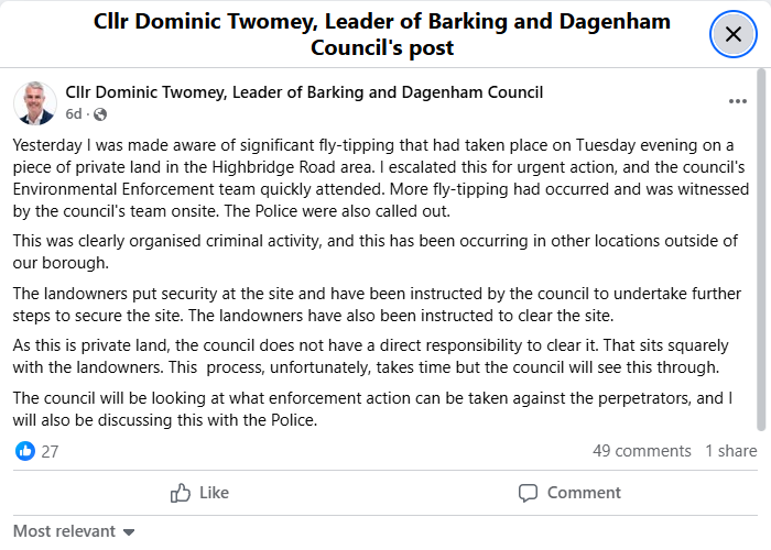 Facebook Post from Councillor