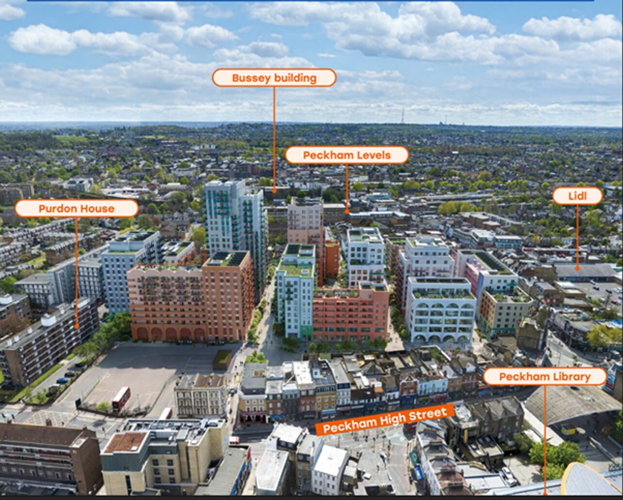 A computer generated landscape view of the proposed development in southwark