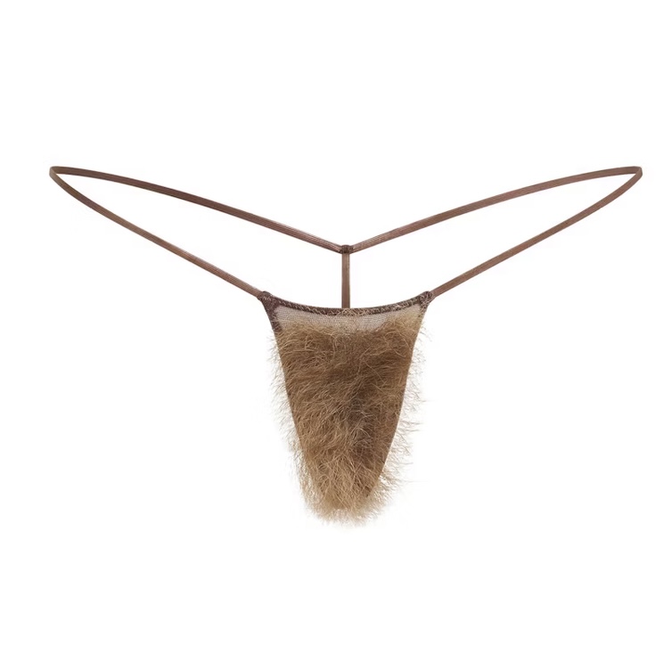 brown faux hair wig on top of micro g string brown thong