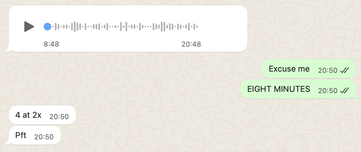 Screenshot of text messages. "8.48m voice message." "Excuse me. EIGHT MINUTES" "4 at 2x. Pft"