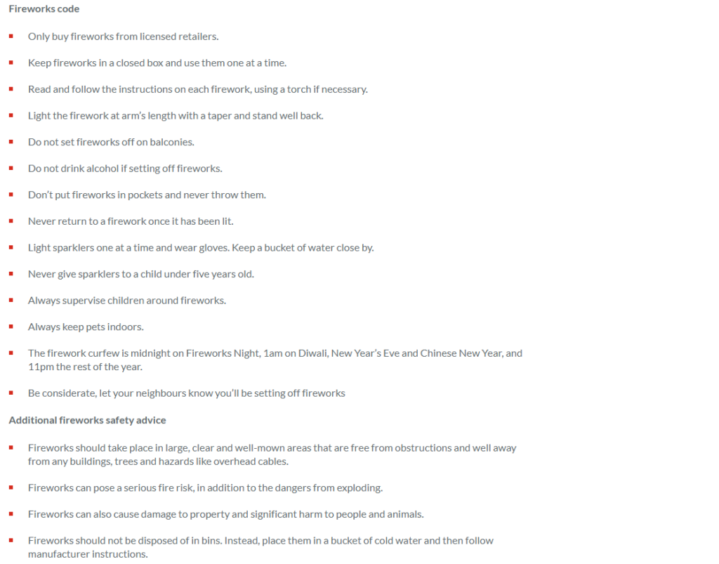 A list of guidance from the London Fire Brigade around using fireworks at home. 