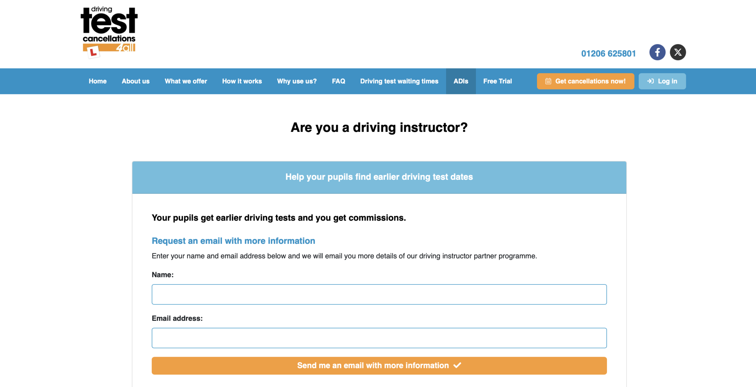 screenshot showing a third party website page offering driving instructors a commission/ partnership for referring their students to the website