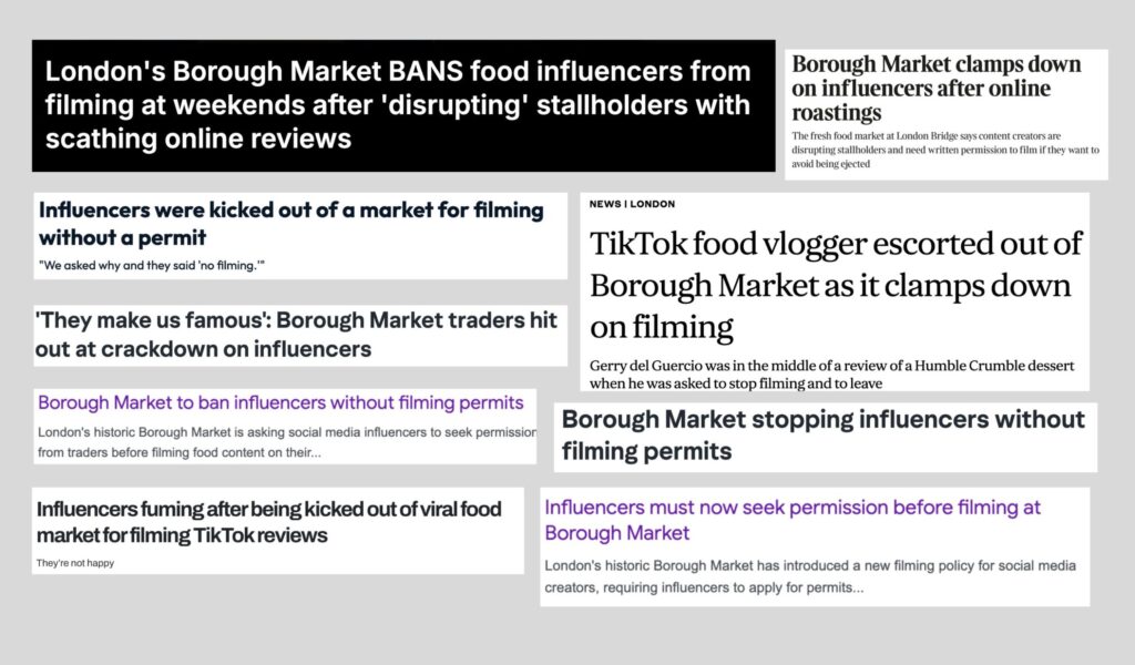 A collection of headlines suggesting a ban on influencers filming at Borough Market