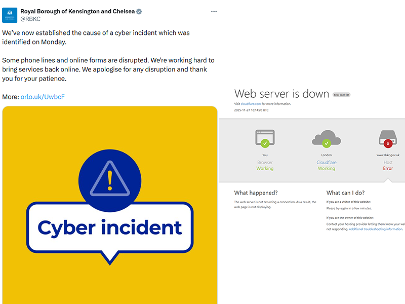An image of the RBKC website, and a tweet update about the cyber crime. 