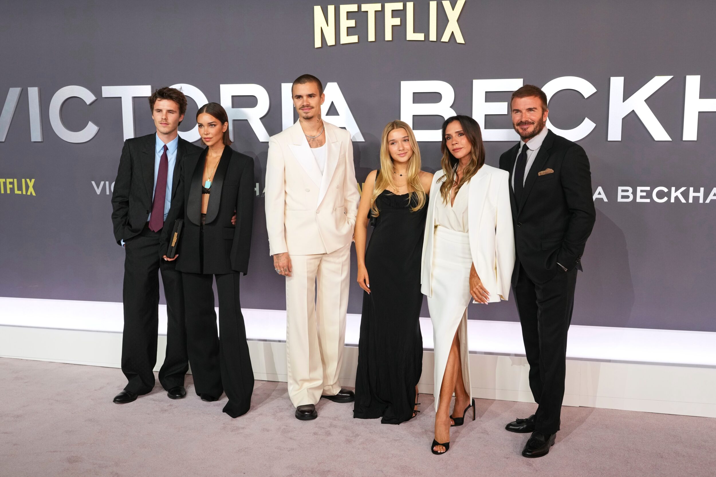 The Beckham family, without Brooklyn Beckham, at the Victoria Beckham premiere in 2025