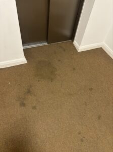 A dirty carpet by a lift. 