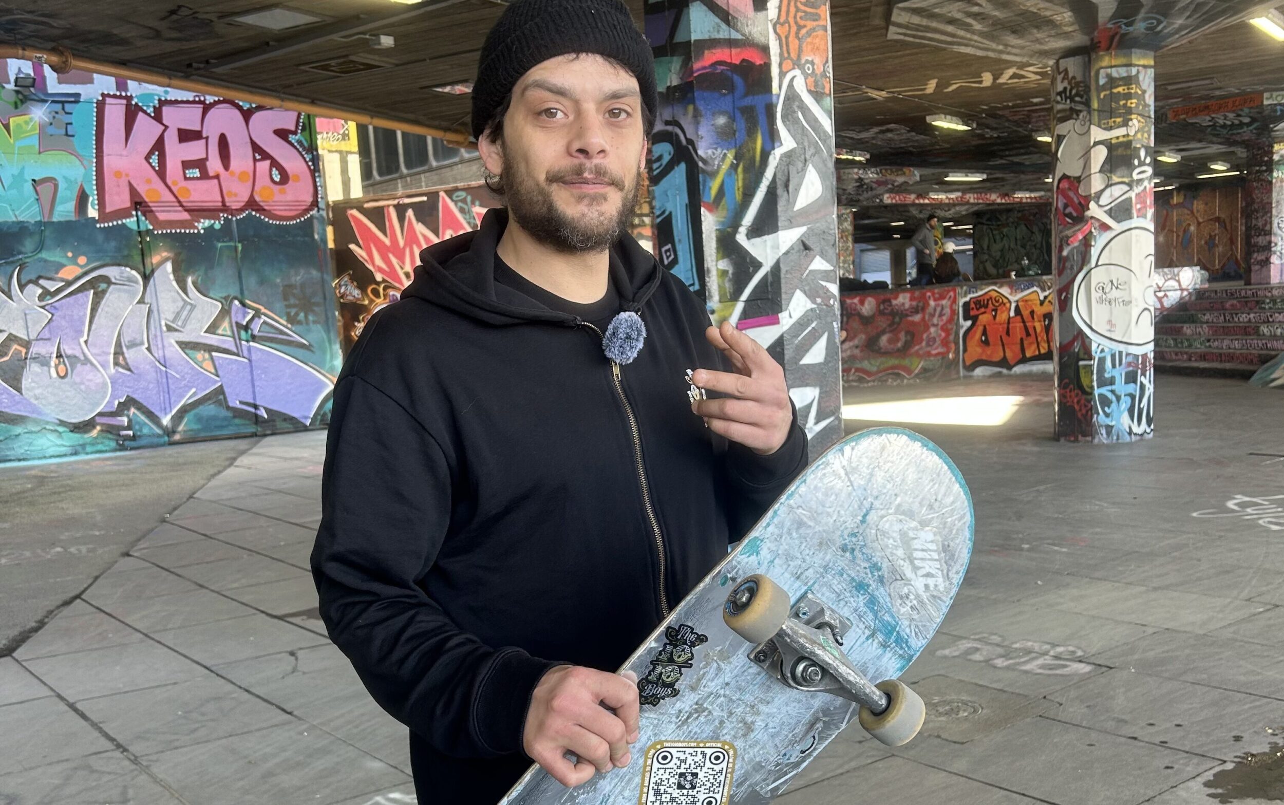 Marcos Baines and his skateboard at Southbank