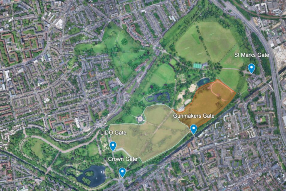 A map of Victoria Park with the south-west shaded blue, and the south-east shaded orange 
