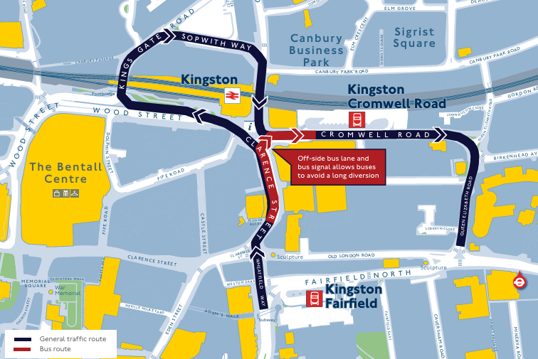 map showing the bus route around Kingston station